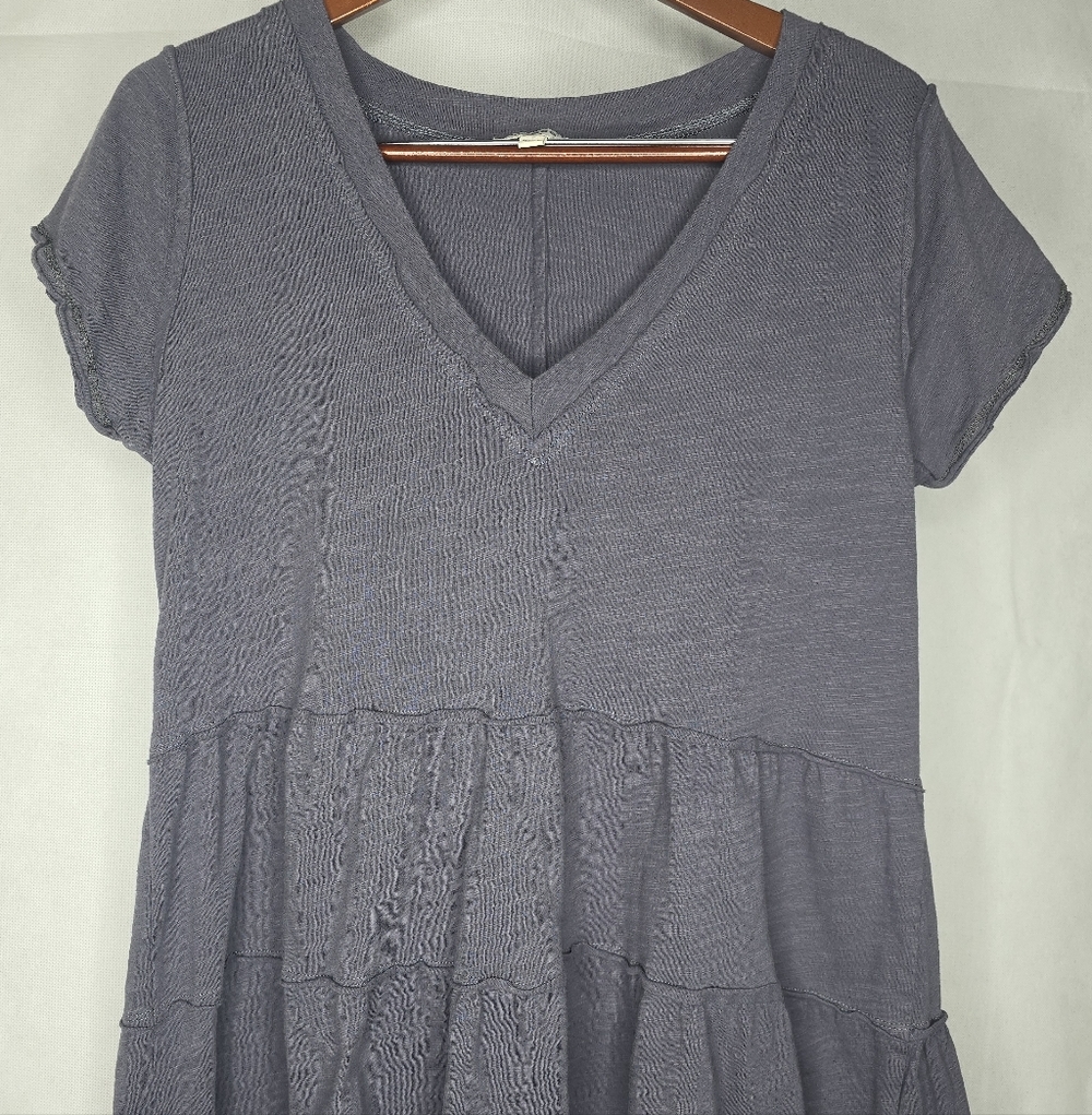 Umgee Cotton Peplum Top Raw Edge Tiered Babydoll V Neck Short Sleeve Grunge S